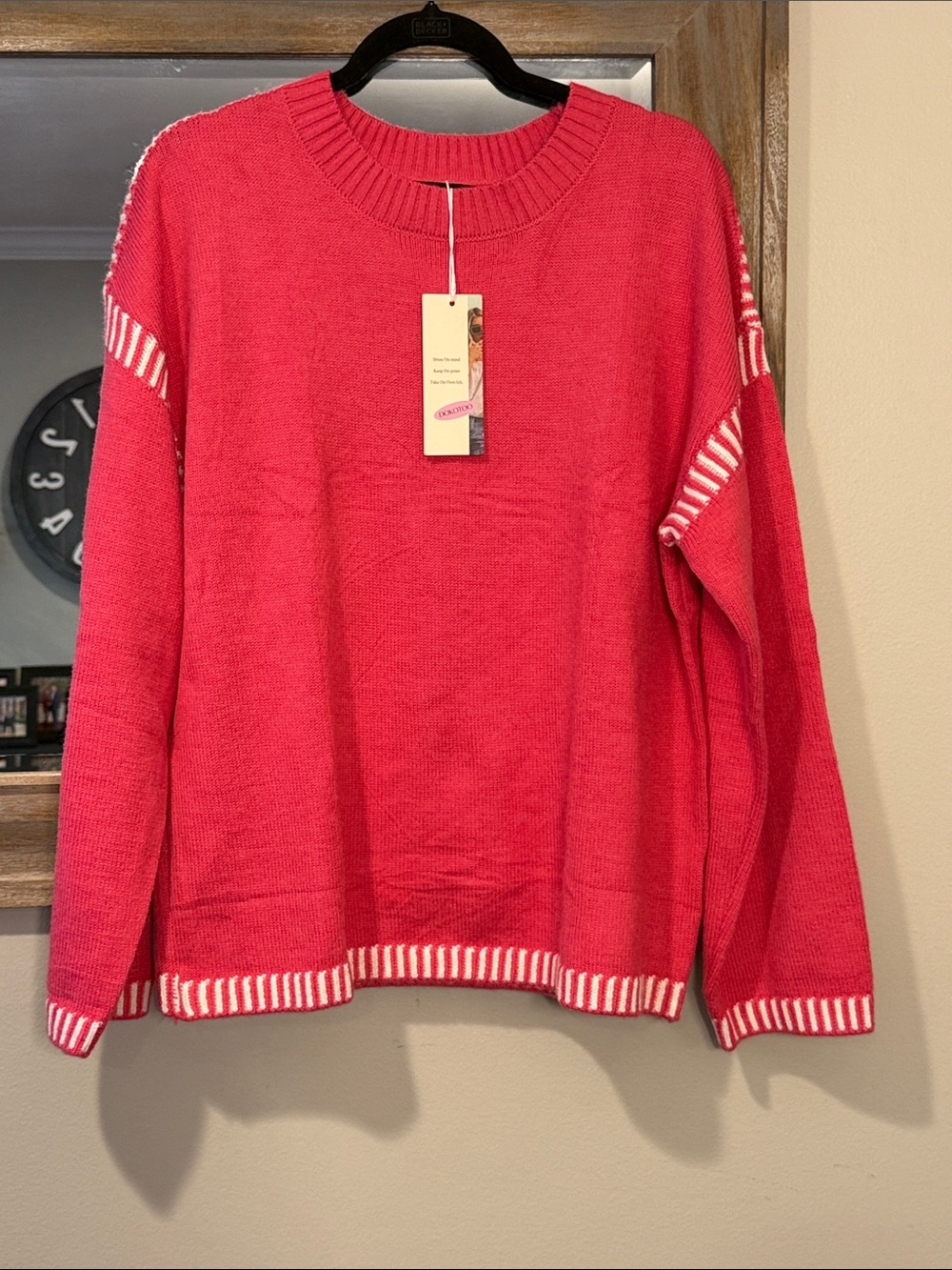 Relaxed Crewneck Sweatshirt in Bright Pink with Contrast Stripe Trim